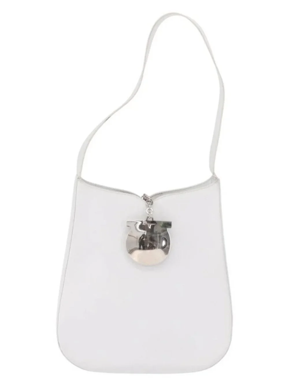 Salvatore Ferragamo Gancini Shoulder Bag Leather White Silver Auth BA9272